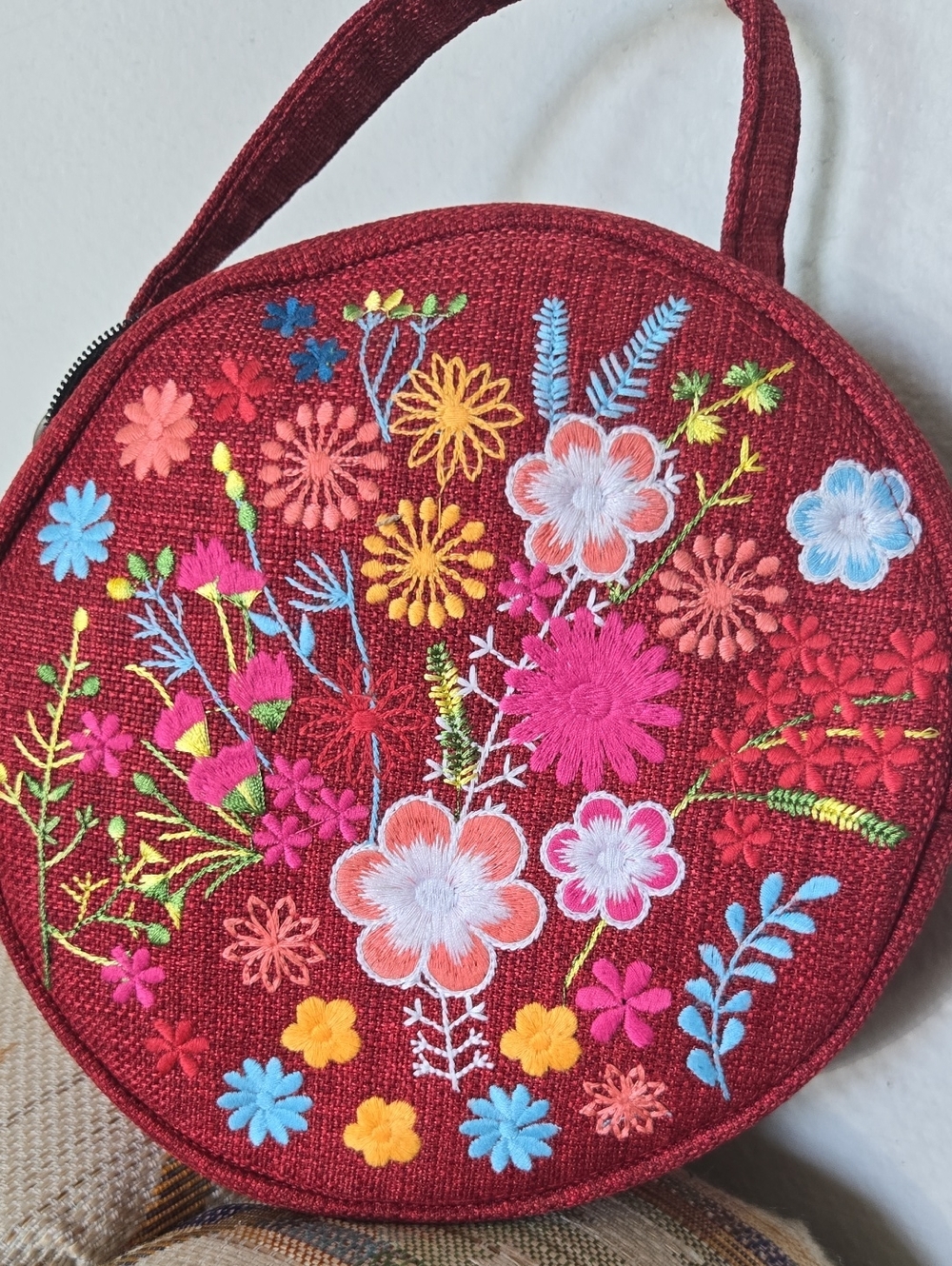 Embroidered Round Red Floral Handbag